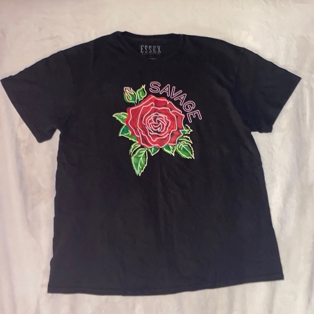 Essex brand size large black, pink, red, and green shirt